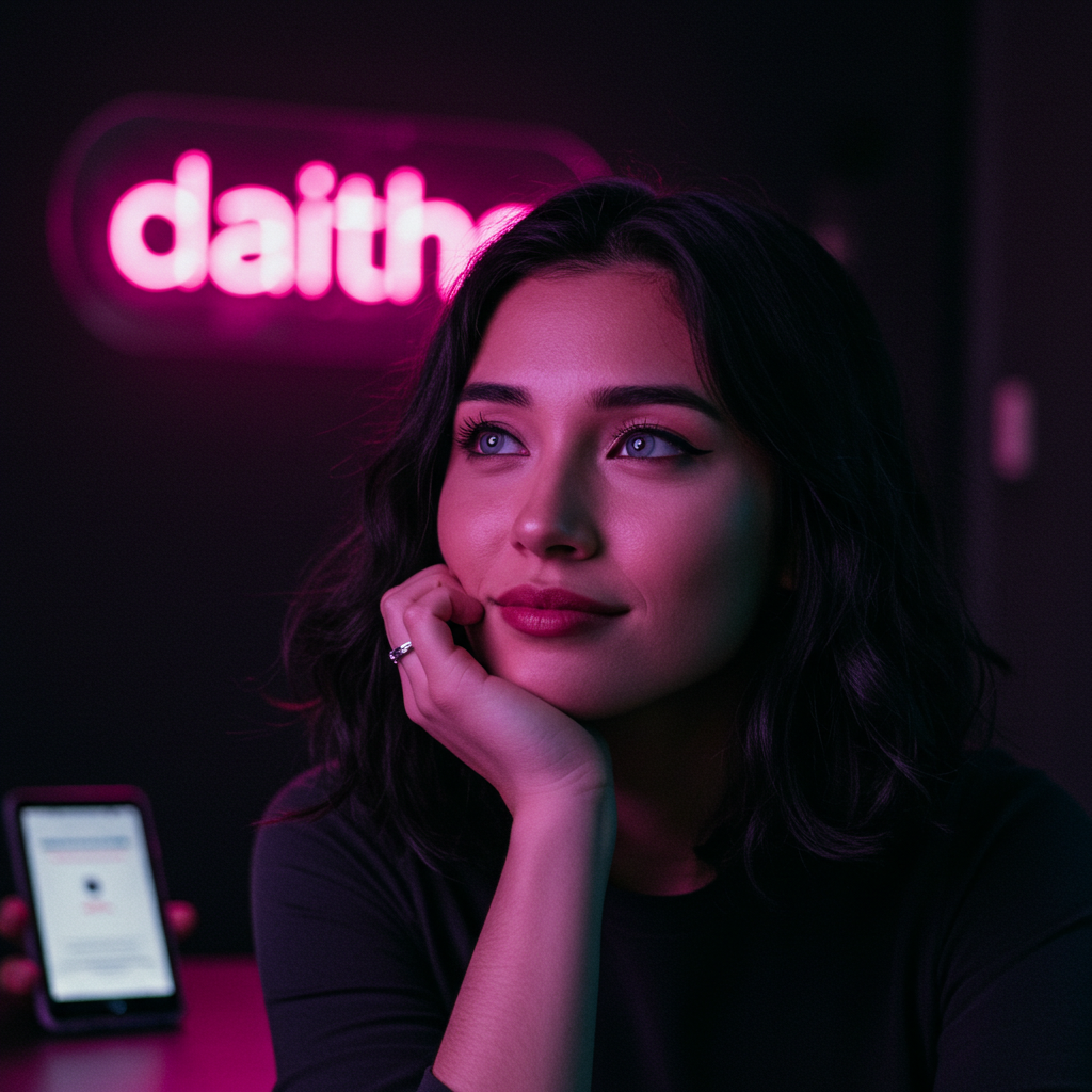 Person using daither app with neon sign in background
